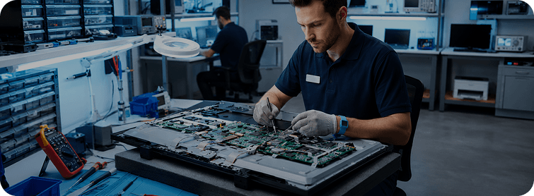 Technician repairing a TV circuit board in a workshop