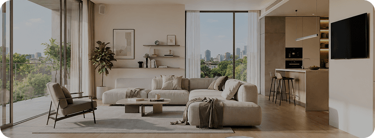 Modern living room and kitchen interior with a smart TV